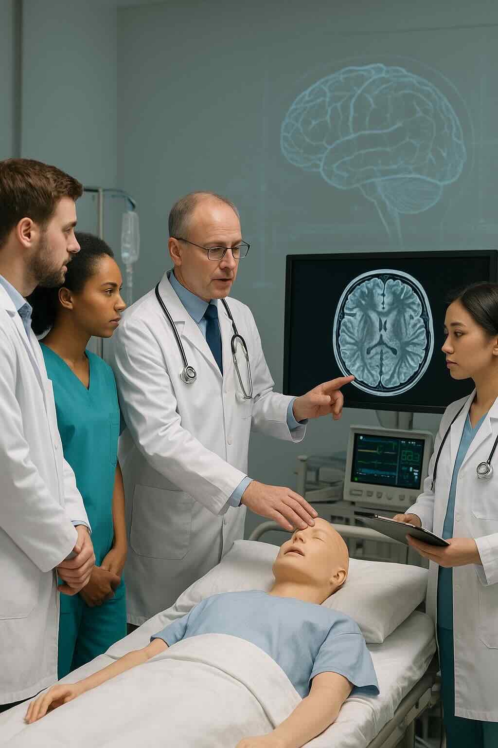 Doctors and nurses in a neuro critical care training session examining a brain scan on monitor beside a simulation patient.