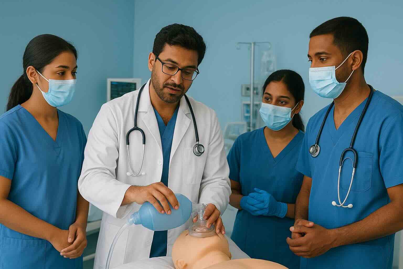 Nursing Education – Practical Training in Airway Management and Infection Control Instructor demonstrating airway management to nursing students during practical ICU training session at the Institute of Critical Care Medicine.